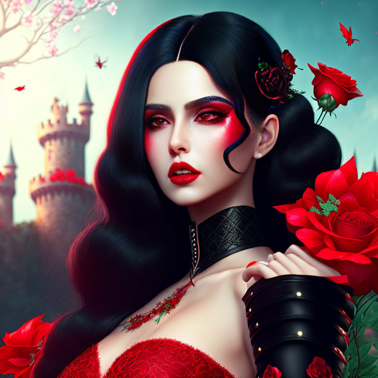 Digital artwork of woman with red makeup, black hair, roses, castle backdrop