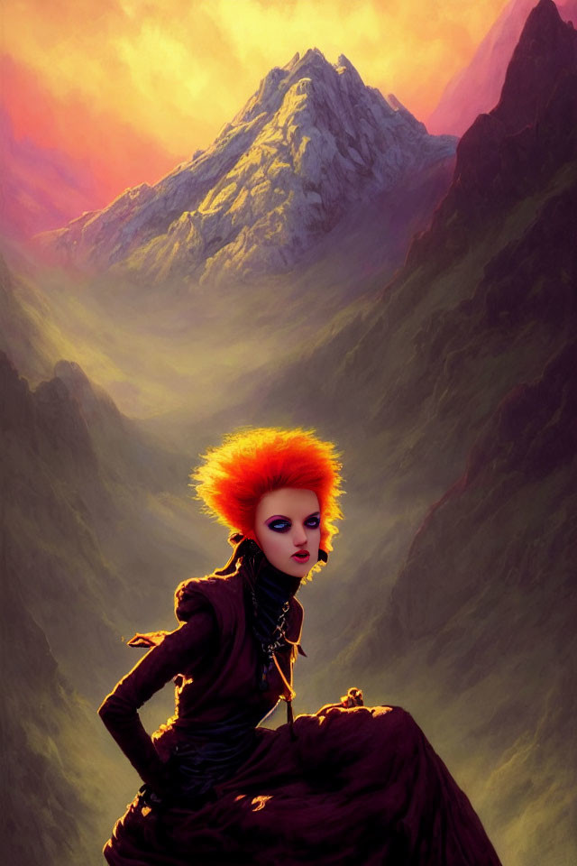 Orange-Haired Figure with Bold Makeup Against Sunset Mountain Landscape