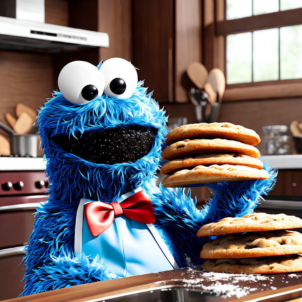 Blue Furry Puppet Character with Googly Eyes in Kitchen with Cookies