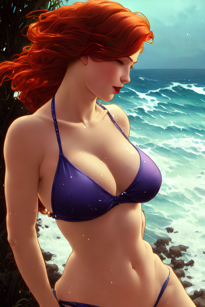 Digital artwork: Woman with red hair in blue bikini at sea