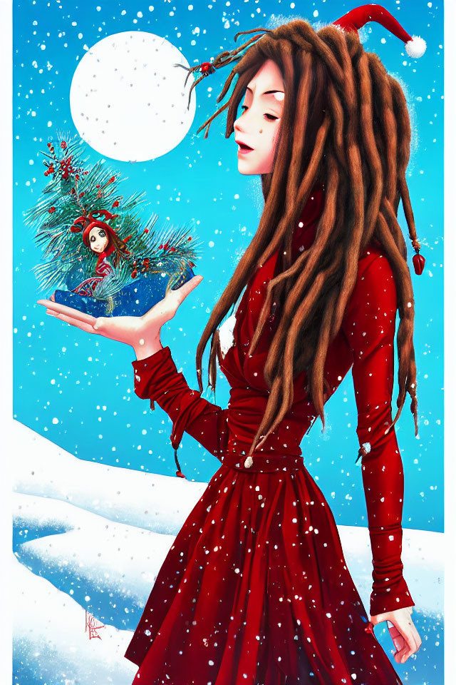 Stylized illustration of woman with dreadlocks and red dress holding tiny evergreen tree in snowy scene