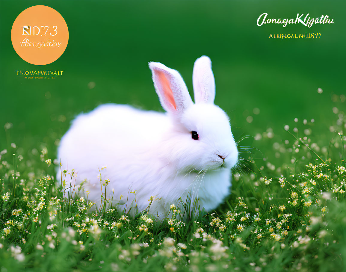 White Rabbit in Green Field with Whimsical Artistic Text and Shapes