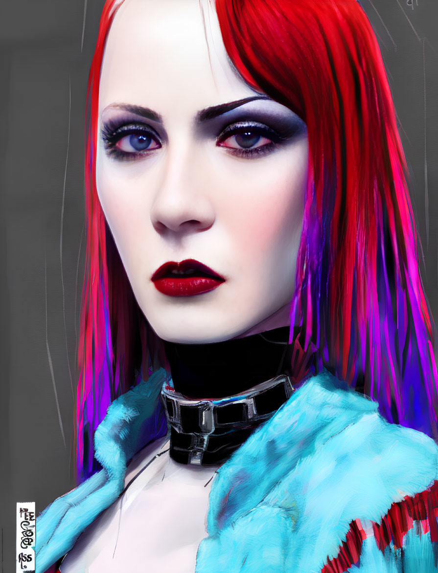 Stylized portrait of a woman with red hair and purple makeup