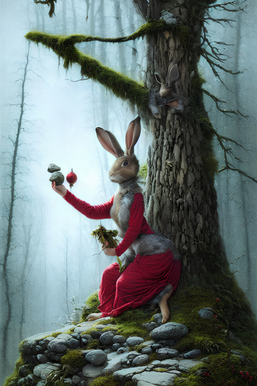 Anthropomorphic rabbit in red dress offers berry to small creature in misty forest.