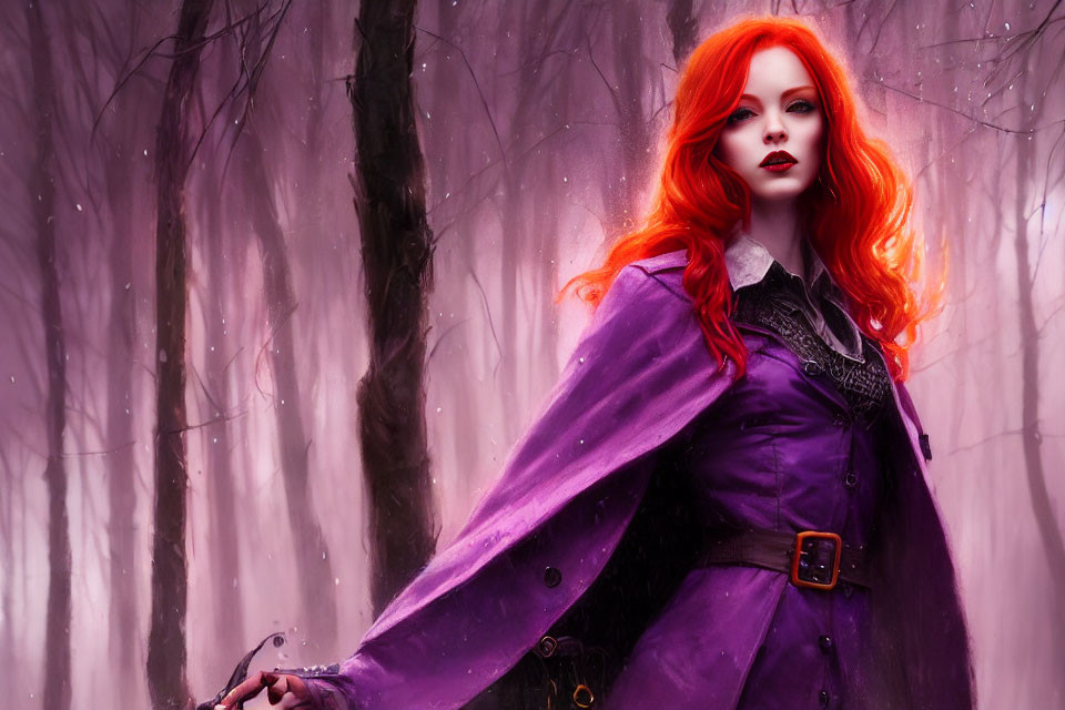 Vibrant red-haired woman in purple cloak in misty forest