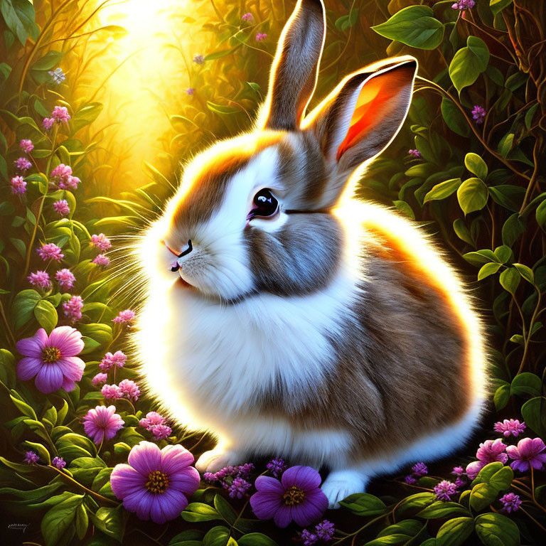 Fluffy rabbit in purple flowers with sunlight and green foliage