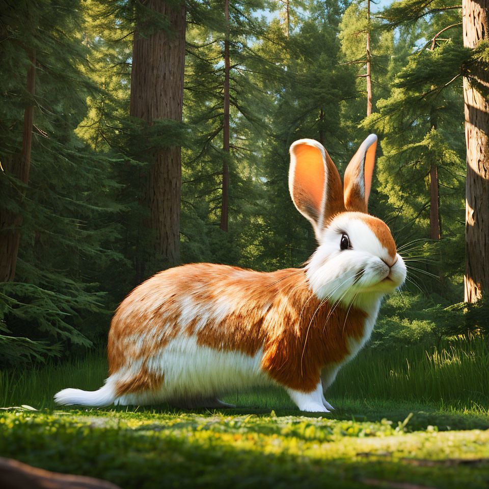 Large Stylized Rabbit with Orange and White Fur in Sunlit Forest Clearing
