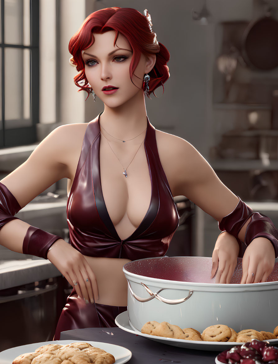 Digital illustration of red-haired woman with cookies and mixing bowl