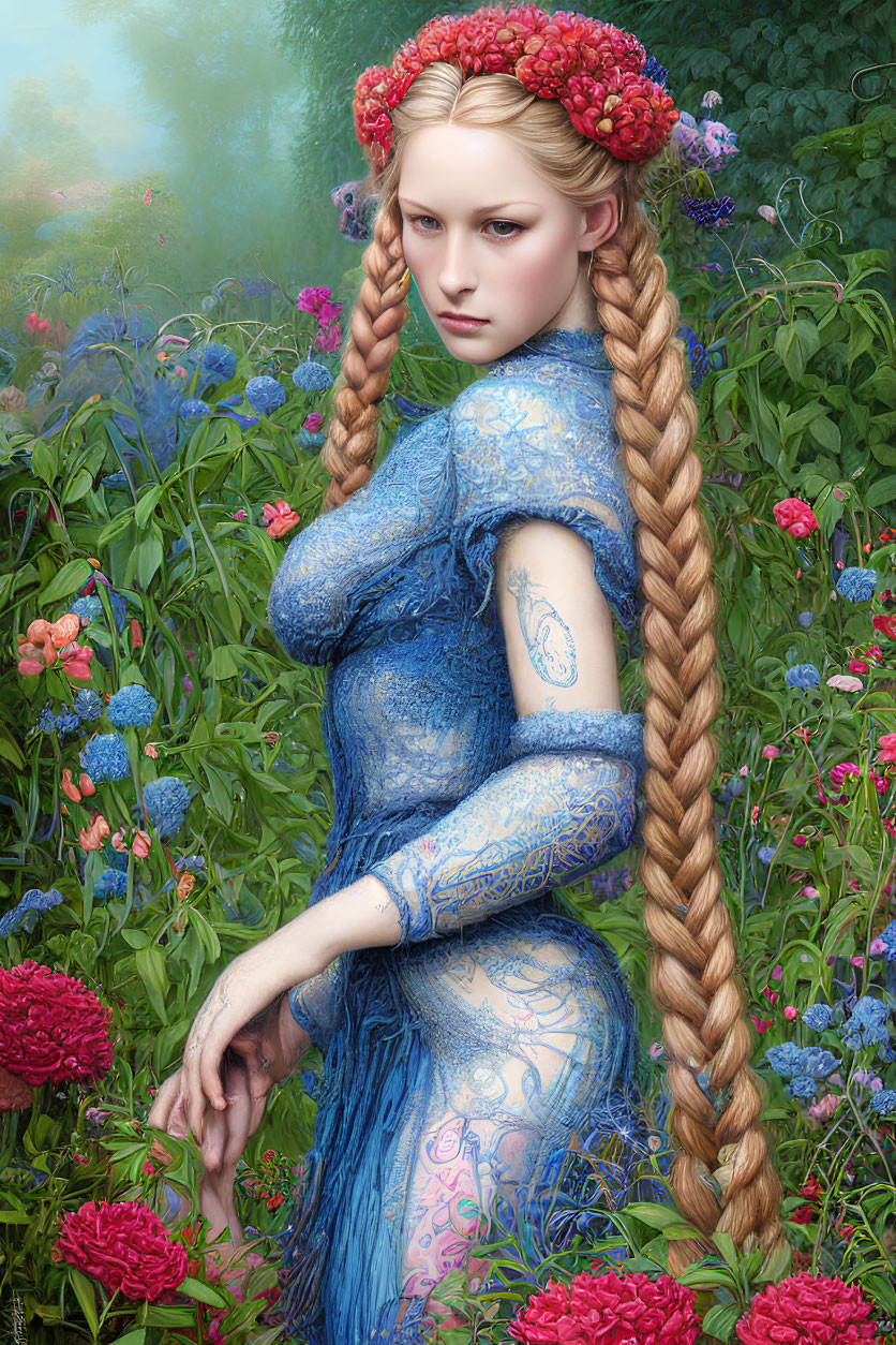 Digital art portrait of woman with braided hair and floral hair adornments in blue lace dress surrounded by