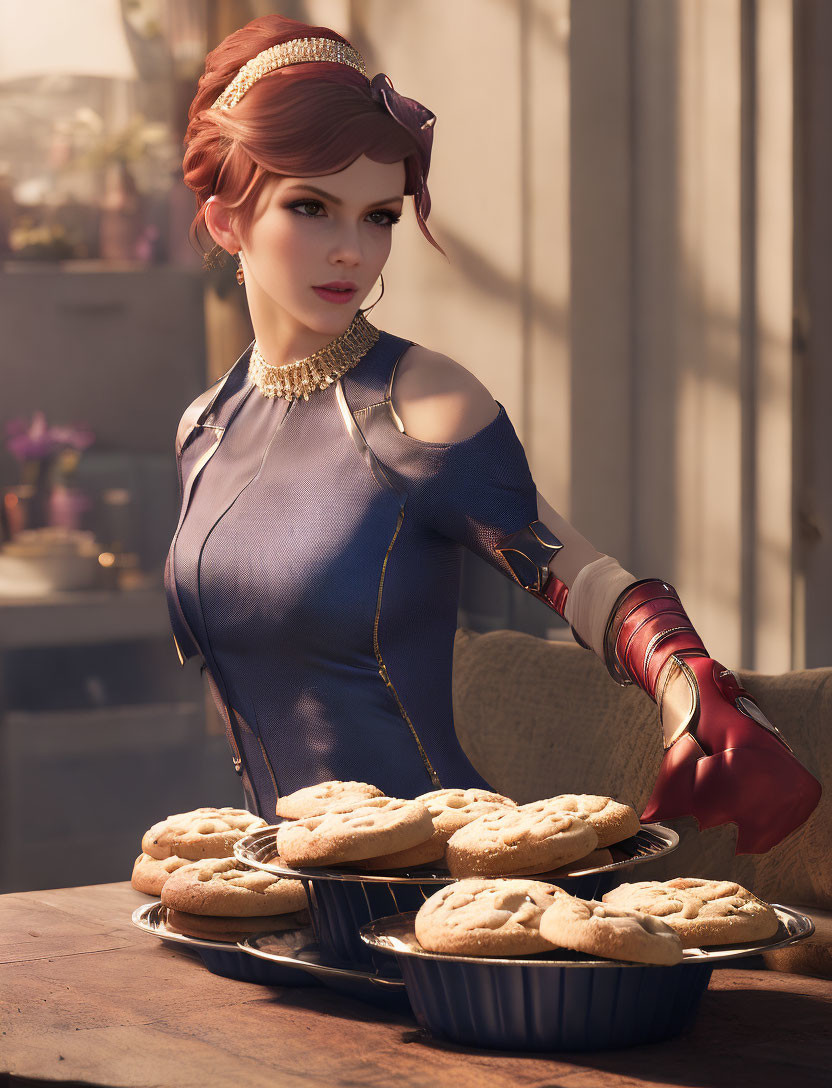 Illustration of woman with red hair in blue outfit placing tray of cookies on table