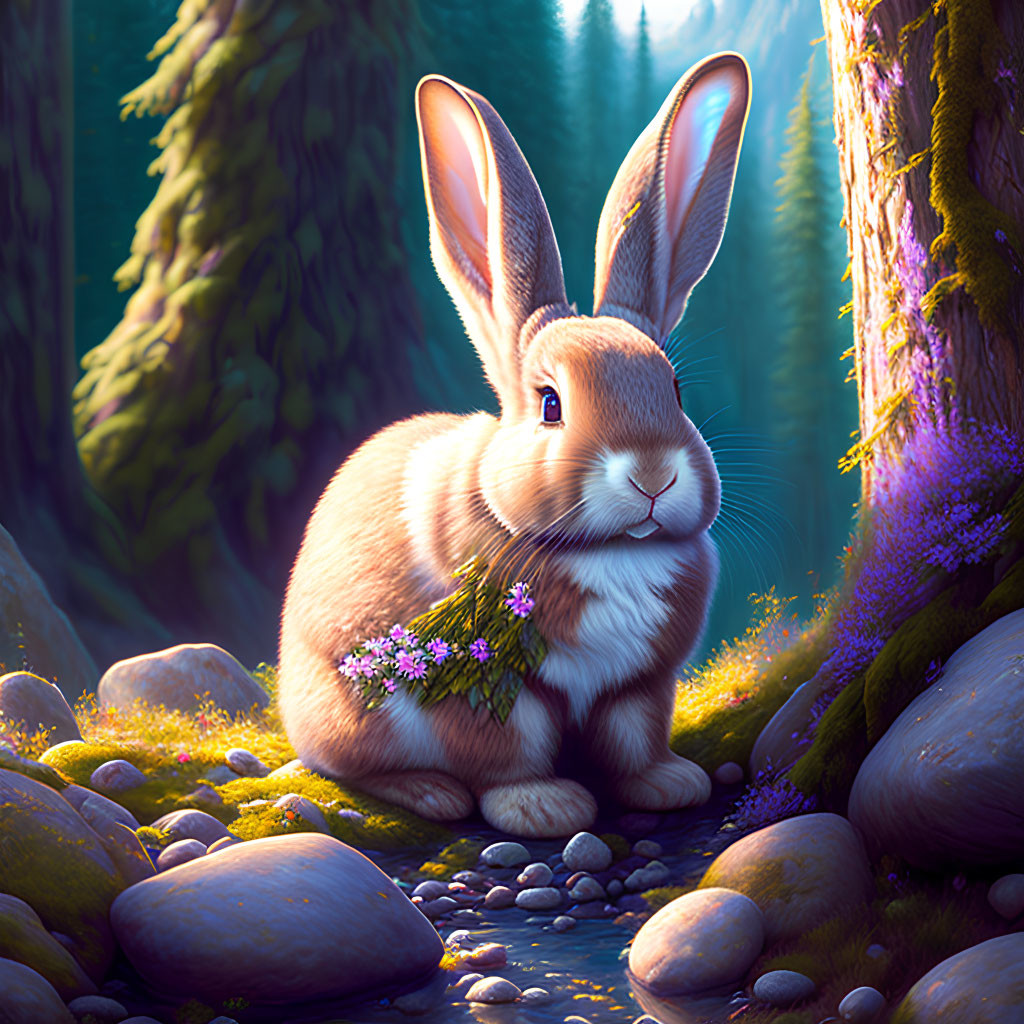 Illustrated rabbit with flowers in serene forest clearing