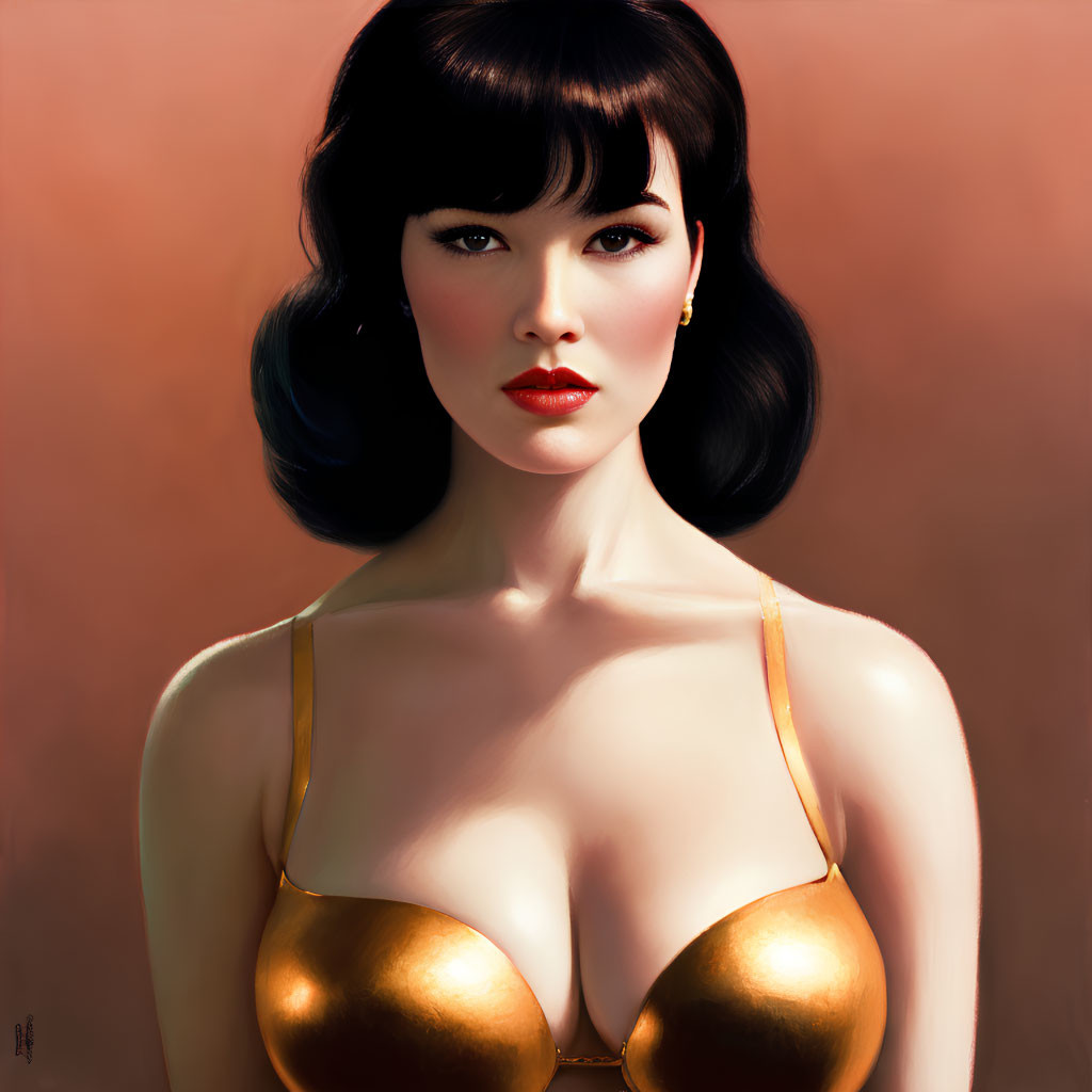 Digital Portrait of Woman with Dark Hair in Vintage Hairstyle and Gold Dress