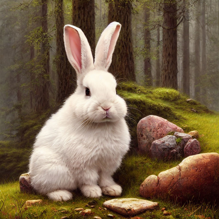 Fluffy white rabbit with prominent ears in misty forest scene