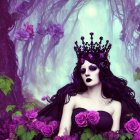 Gothic figure with black crown in mystical forest among purple flowers