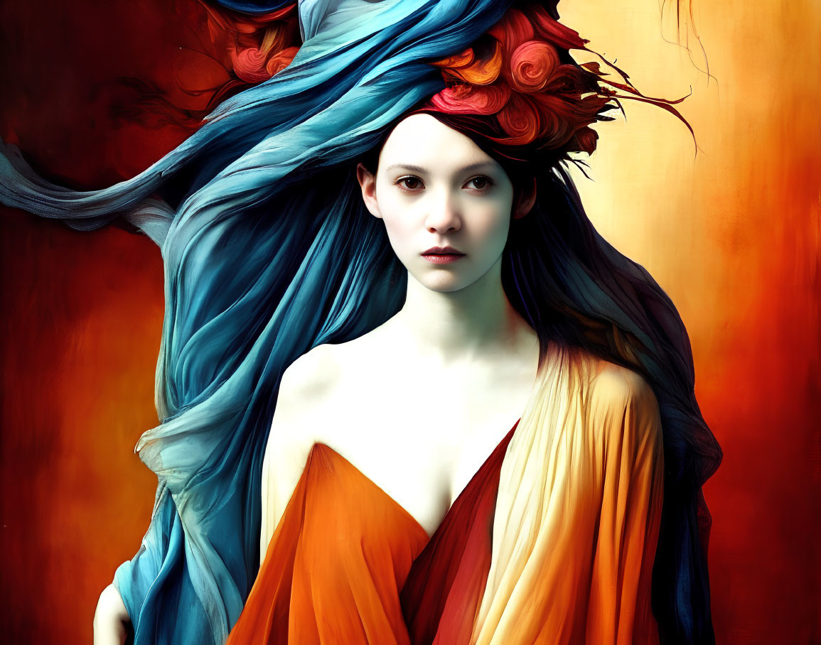 Stylized portrait of woman with blue hair and orange attire on warm background