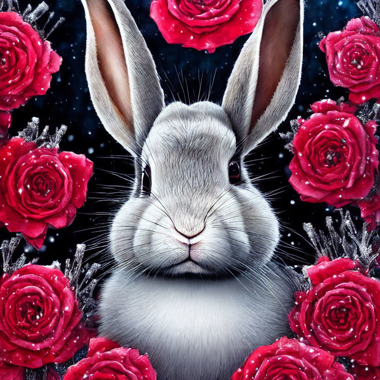 Grey Rabbit Surrounded by Red Roses and Starry Night Sky