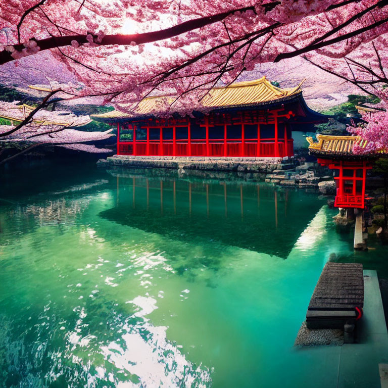 Traditional Red Asian Building Surrounded by Cherry Blossoms and Turquoise Lake
