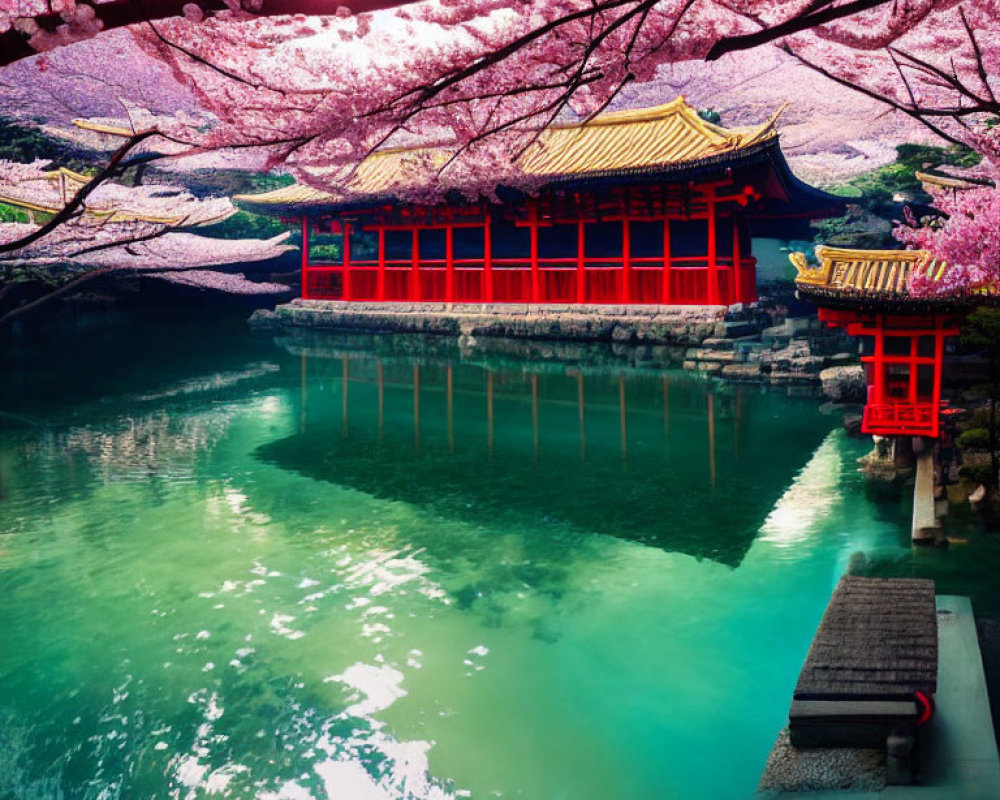 Traditional Red Asian Building Surrounded by Cherry Blossoms and Turquoise Lake