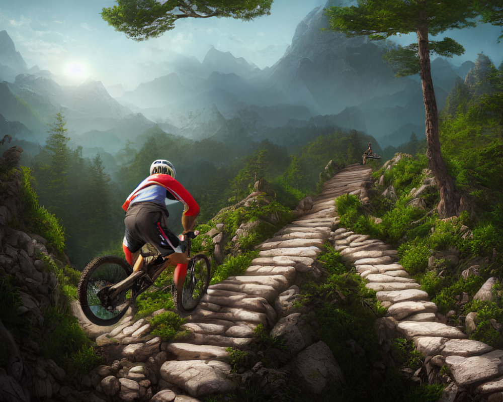 Mountain biker navigating rocky forest path with mountains in background