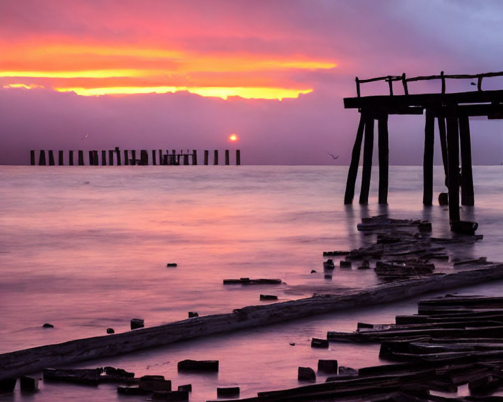 Tranquil sunset scene with wooden pier remnants and bird in vibrant sky
