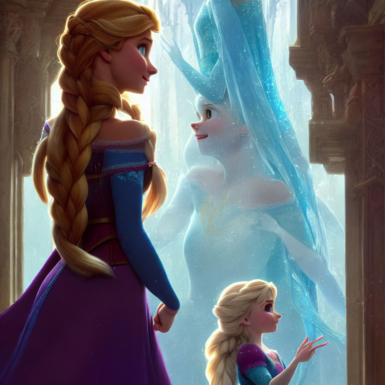 Animated sisters admire ethereal figure in frost-covered setting