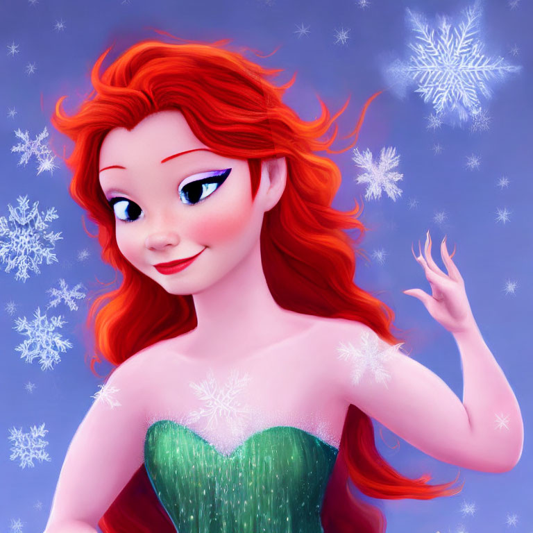 Red-Haired Female Character in Green Dress with Snowflakes on Blue Background