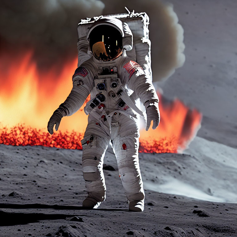 Astronaut in white spacesuit on rocky surface with fiery explosions.