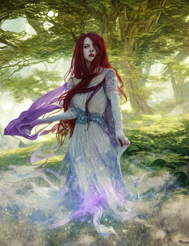 Red-haired female figure in flowing dress in sunlit forest.