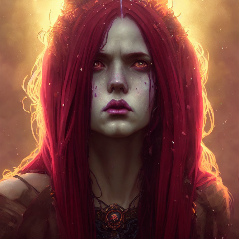 Fantasy character digital portrait with red hair, pale skin, freckles, yellow eyes, warm