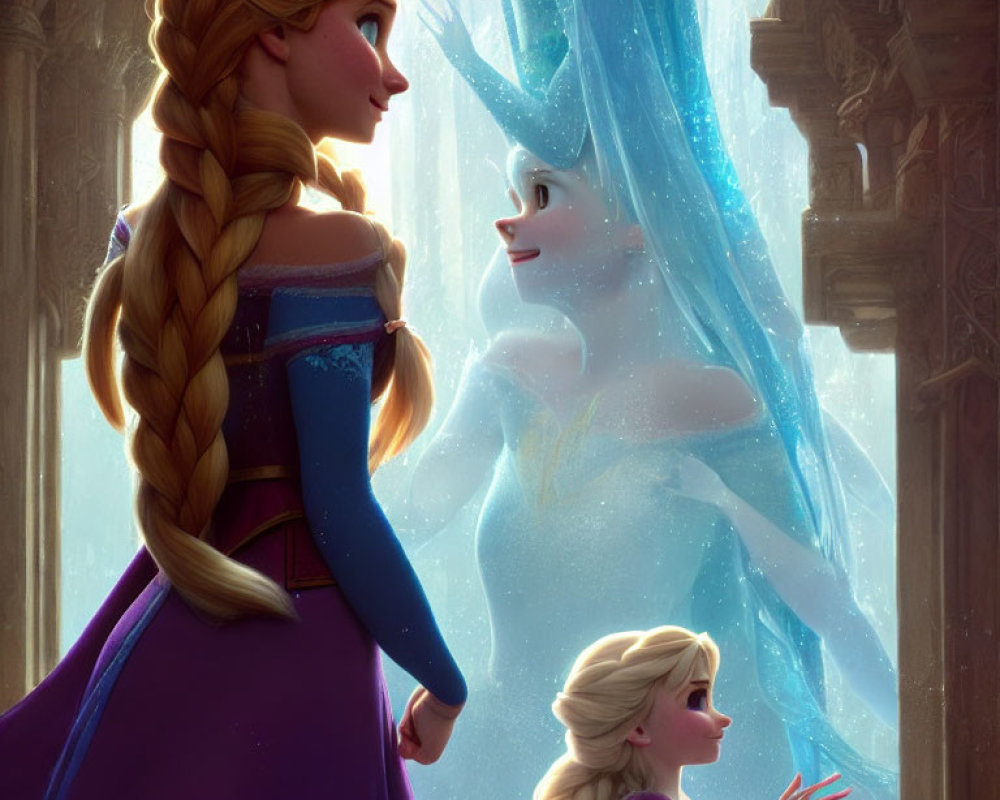 Animated sisters admire ethereal figure in frost-covered setting