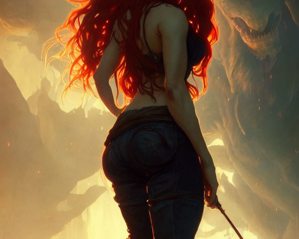 Red-haired woman in jeans and crop top wields sword against fiery background