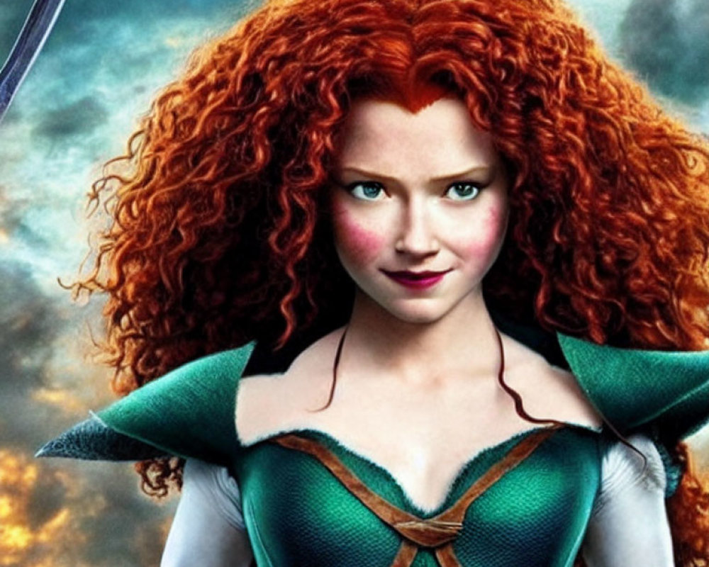 Curly Red-Haired Animated Character in Green Medieval Dress