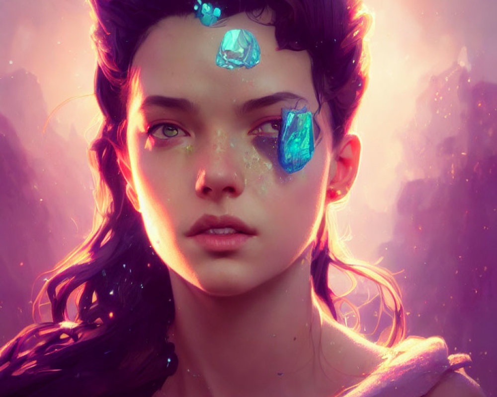 Digital artwork featuring young woman with ethereal crystals on glowing purple-pink backdrop