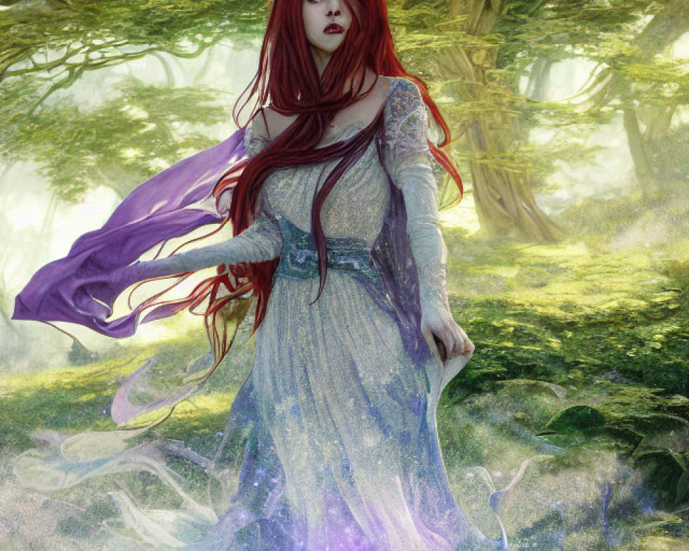 Red-haired female figure in flowing dress in sunlit forest.