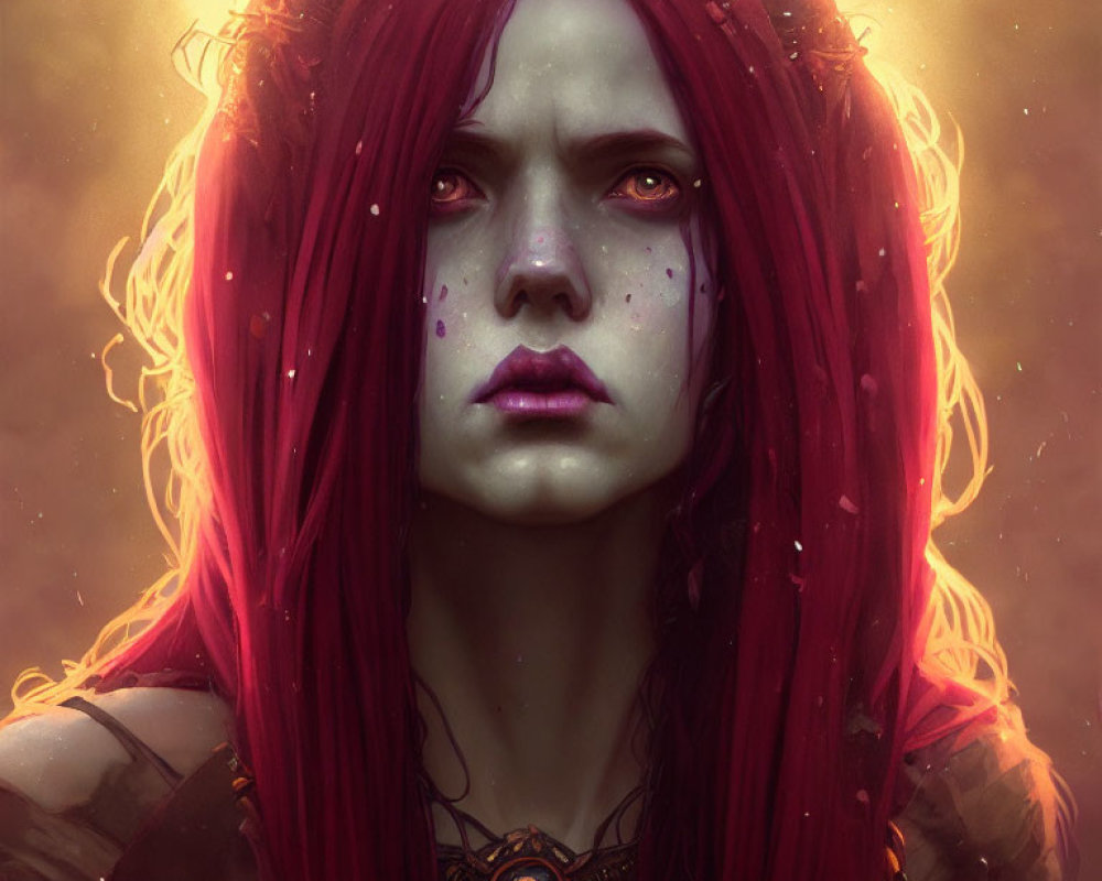 Fantasy character digital portrait with red hair, pale skin, freckles, yellow eyes, warm