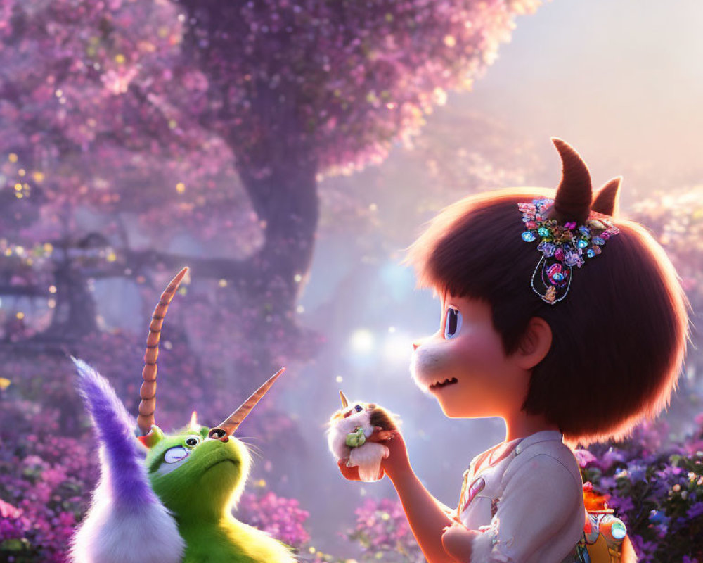 Young girl with unicorn horn sharing snack with green creature under purple blossoms