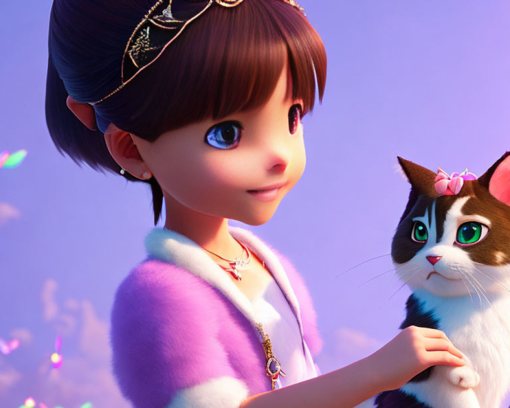 Young girl in purple attire with tiara petting cat under purple sky