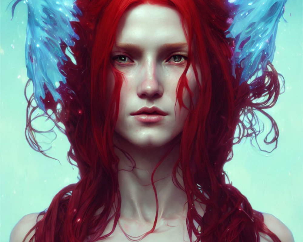 Fantasy illustration of person with red hair and butterfly-like blue wings