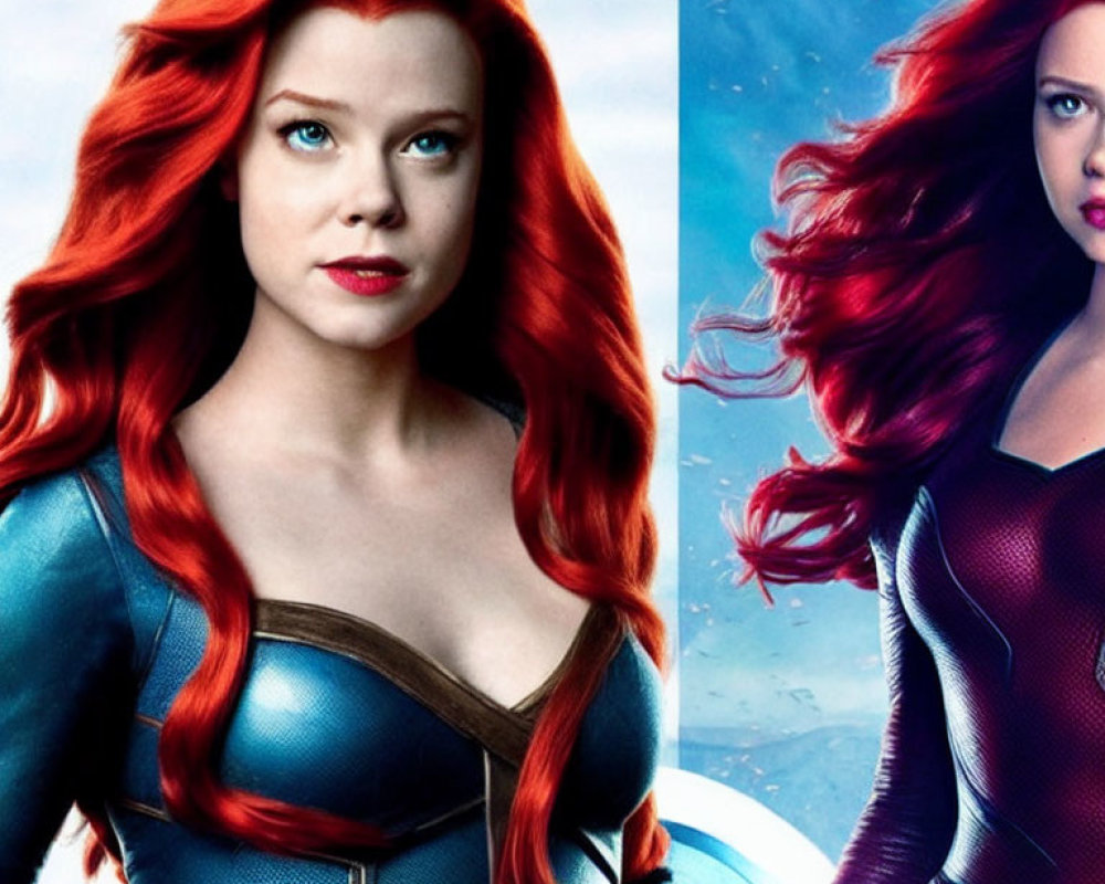 Woman with Vibrant Red Hair in Straight and Wavy Styles in Superhero Outfits