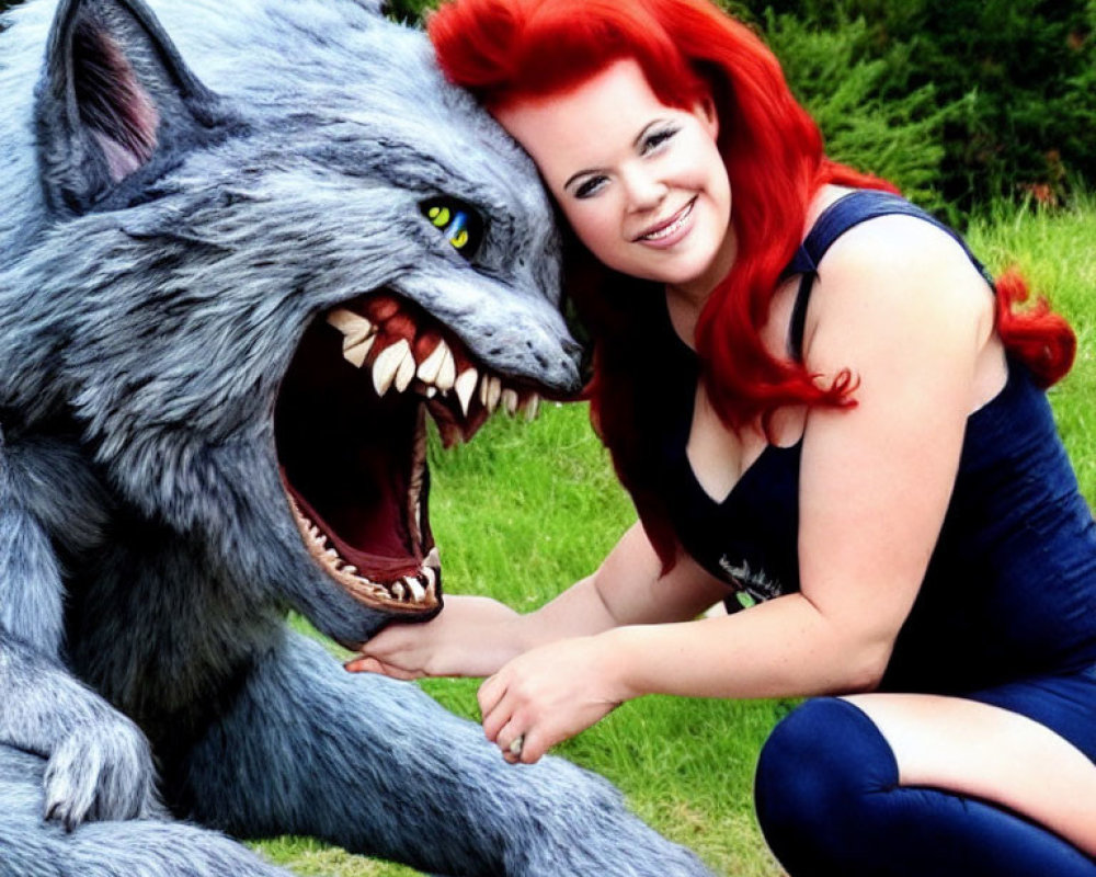 Red-Haired Woman in Blue Dress Kneeling Beside Snarling Wolf Figure