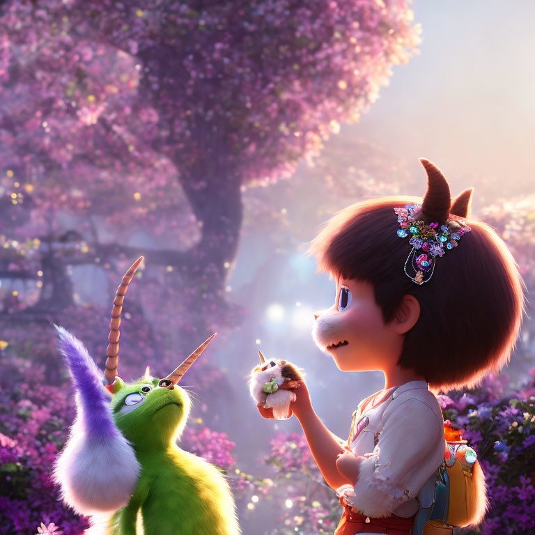 Young girl with unicorn horn sharing snack with green creature under purple blossoms
