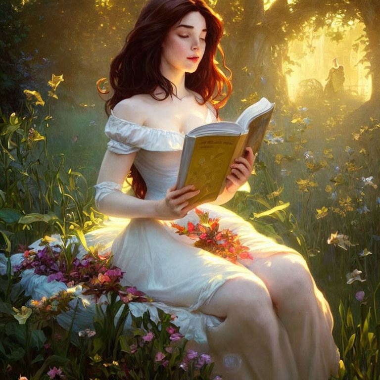 Woman in white dress reading book surrounded by colorful flowers and glowing forest, distant figure on horseback.