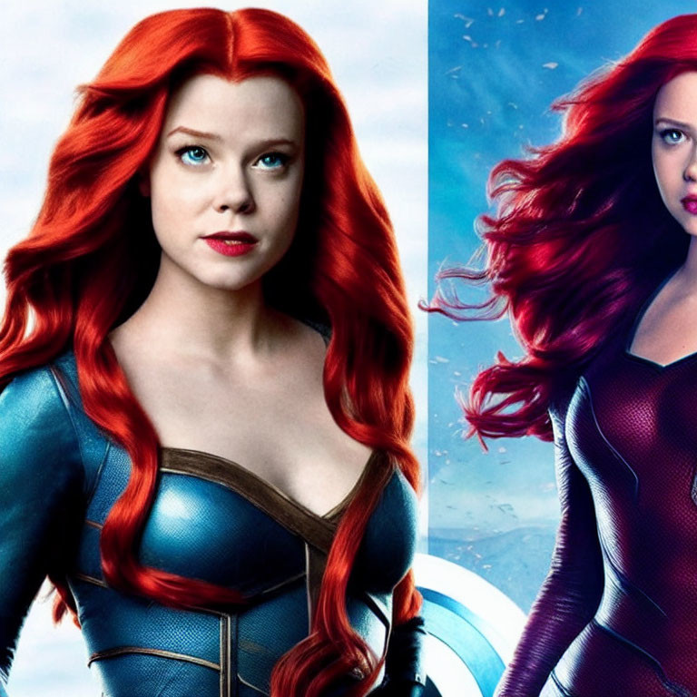 Woman with Vibrant Red Hair in Straight and Wavy Styles in Superhero Outfits