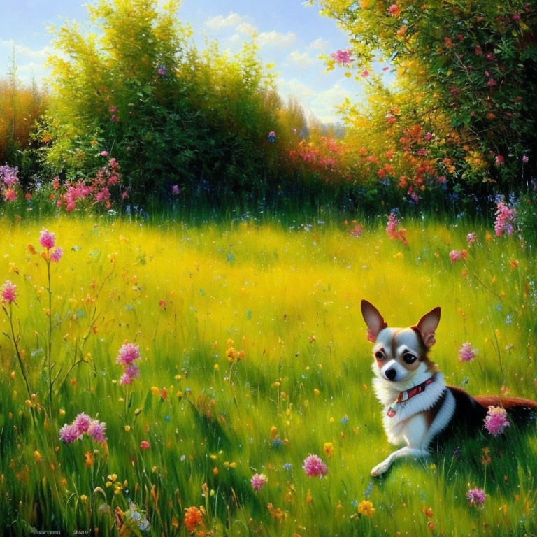 Small Dog with Red Collar in Vibrant Meadow under Sunny Sky