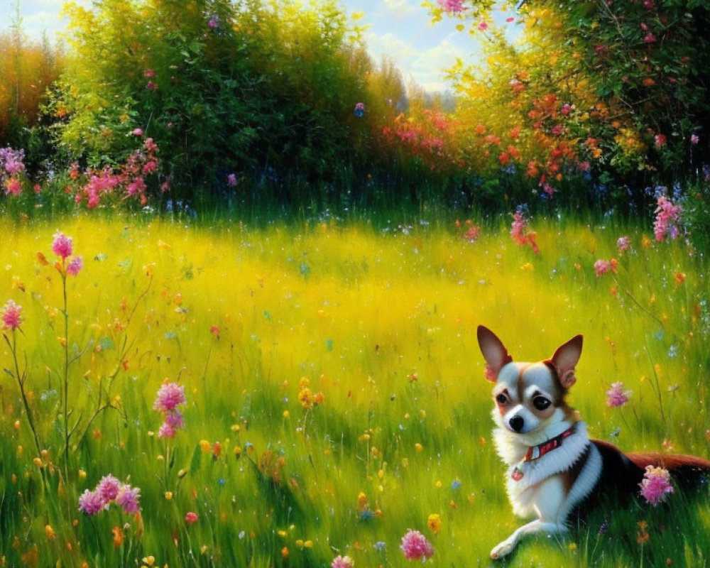 Small Dog with Red Collar in Vibrant Meadow under Sunny Sky