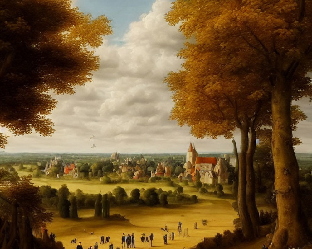 Tranquil landscape painting of pastoral village with lush trees and people in period clothing