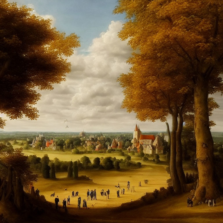 Tranquil landscape painting of pastoral village with lush trees and people in period clothing