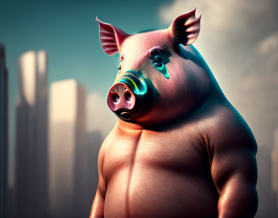 Muscular anthropomorphic pig in cityscape with serious expression.