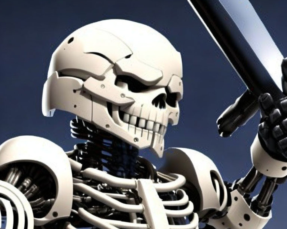 Robotic skeleton with skull head holding sword on blue background