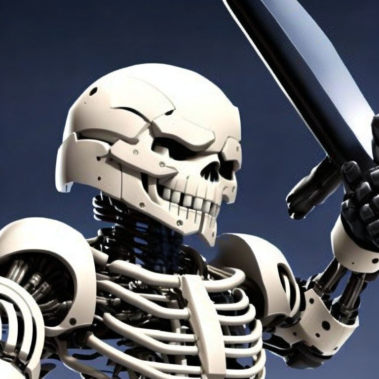 Robotic skeleton with skull head holding sword on blue background